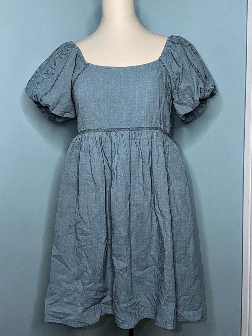 Easel Embroidered Puff Sleeve Mini Dress in Blue Size Medium